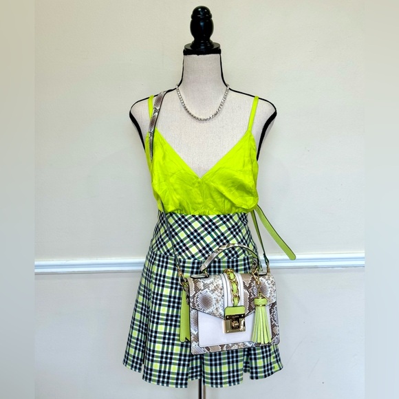 Neon green crop top and green checked tennis mini skirt. Both L - Picture 1 of 3